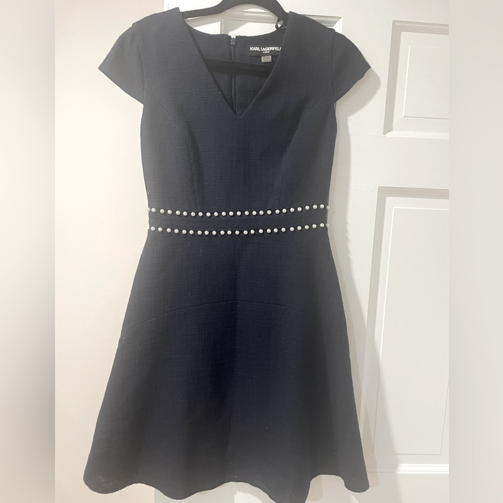 Karl Lagerfeld navy blue work dress with pearl detail